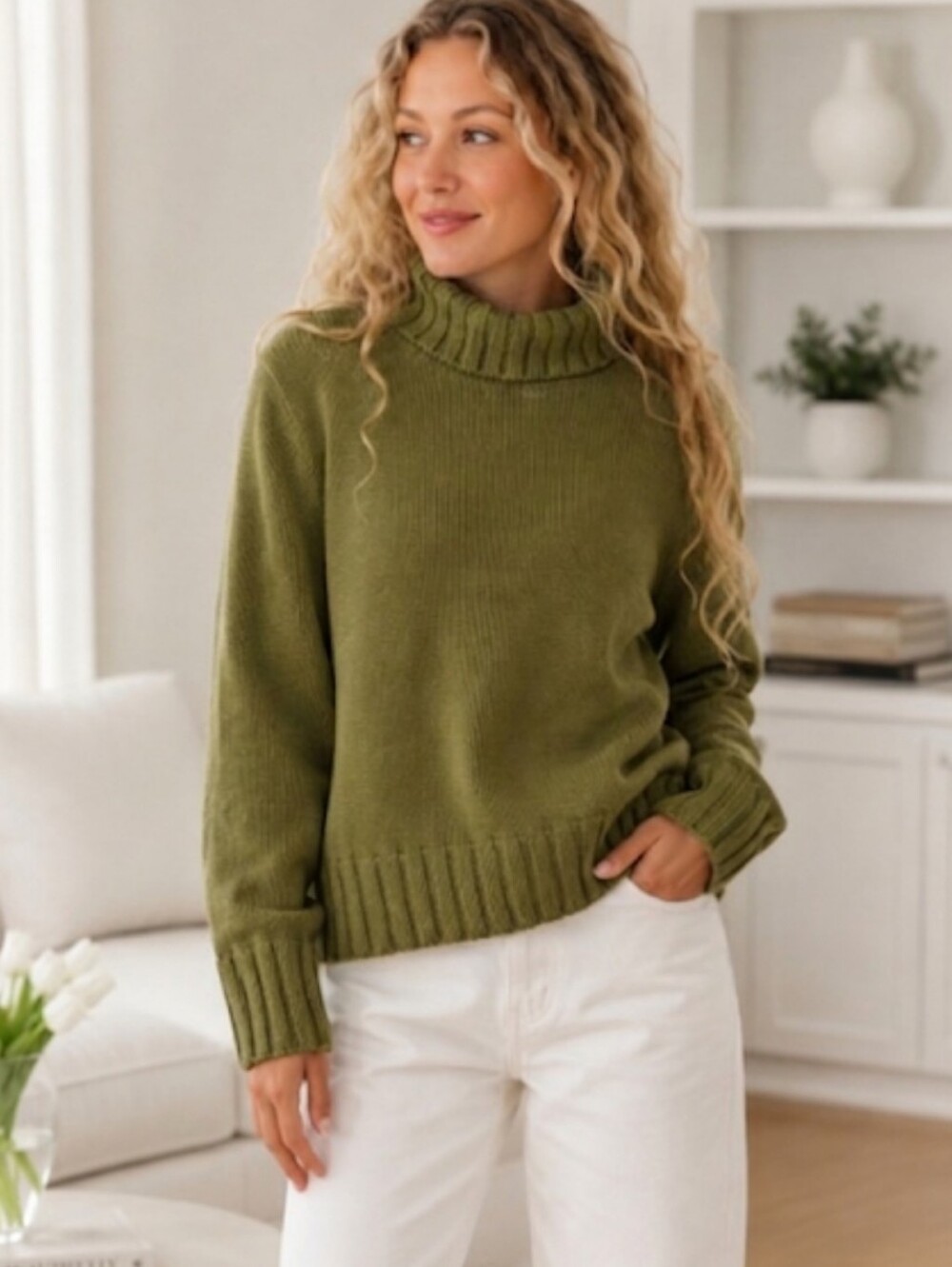 Vintage Jones New York 100% Cotton Turtleneck Sweater Chunky Apple Green